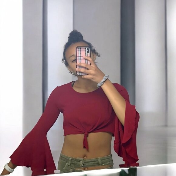 Red Flare Sleeve Crop Top ✦ Windsor Tie-Front Textured Boho Style ✦ Made in USA - Picture 12 of 13